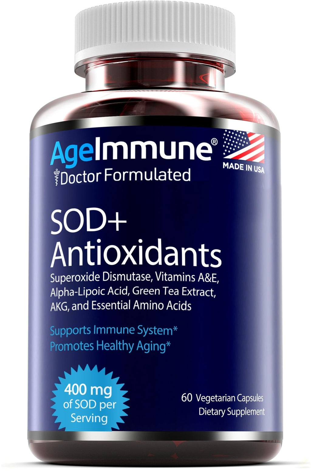 SOD Antioxidants Complex Healthy Aging Supplement - 400mg of Superoxide Dismutase - Alpha Lipoic Acid - L-Arginine -Lysine - AKG - Vitamin A - Vitamin E for Immune Support-60 Capsules - TrustMedUSA