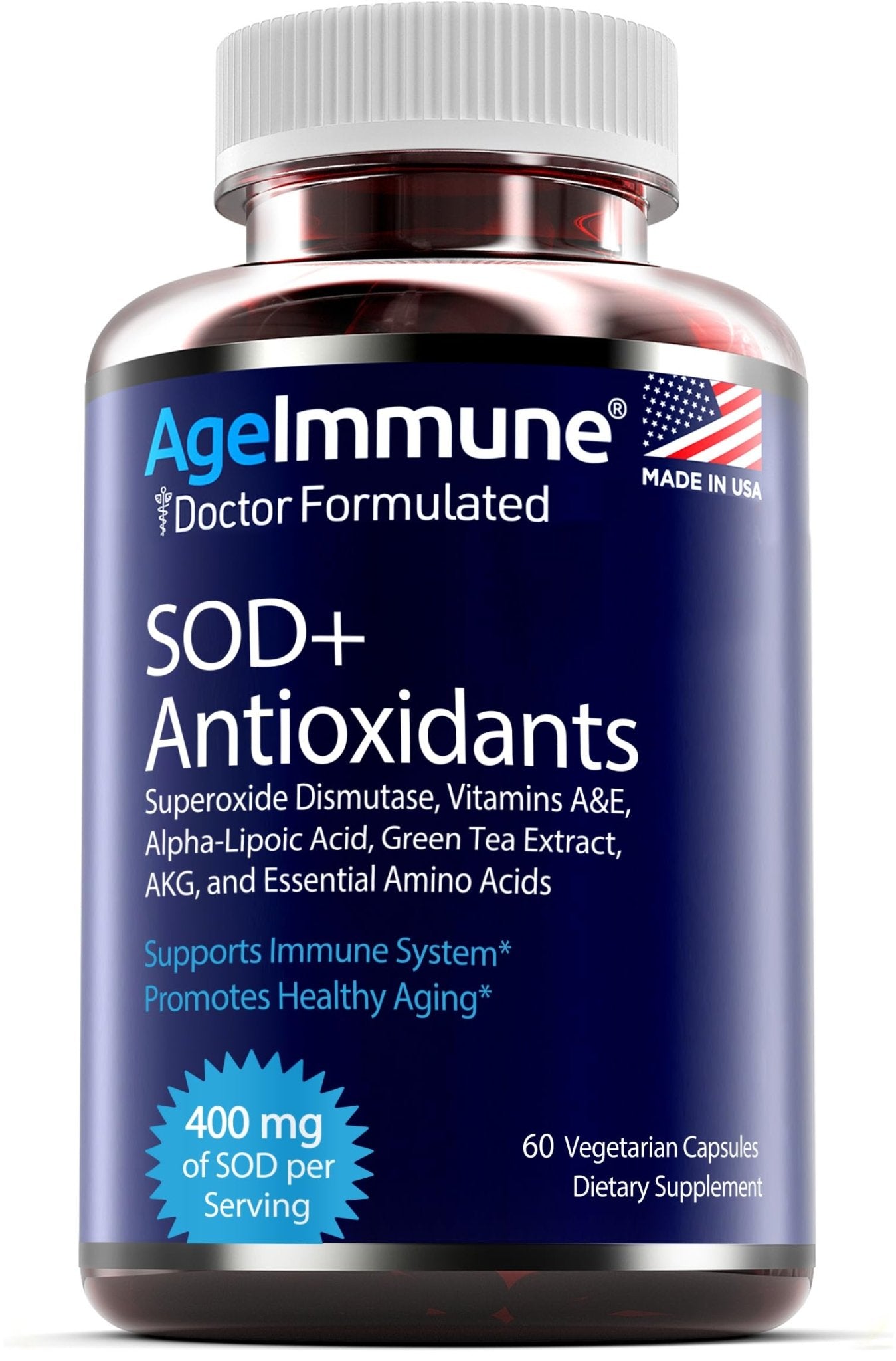 SOD Antioxidants Complex Healthy Aging Supplement - 400mg of Superoxide Dismutase - Alpha Lipoic Acid - L-Arginine -Lysine - AKG - Vitamin A - Vitamin E for Immune Support-60 Capsules - TrustMedUSA