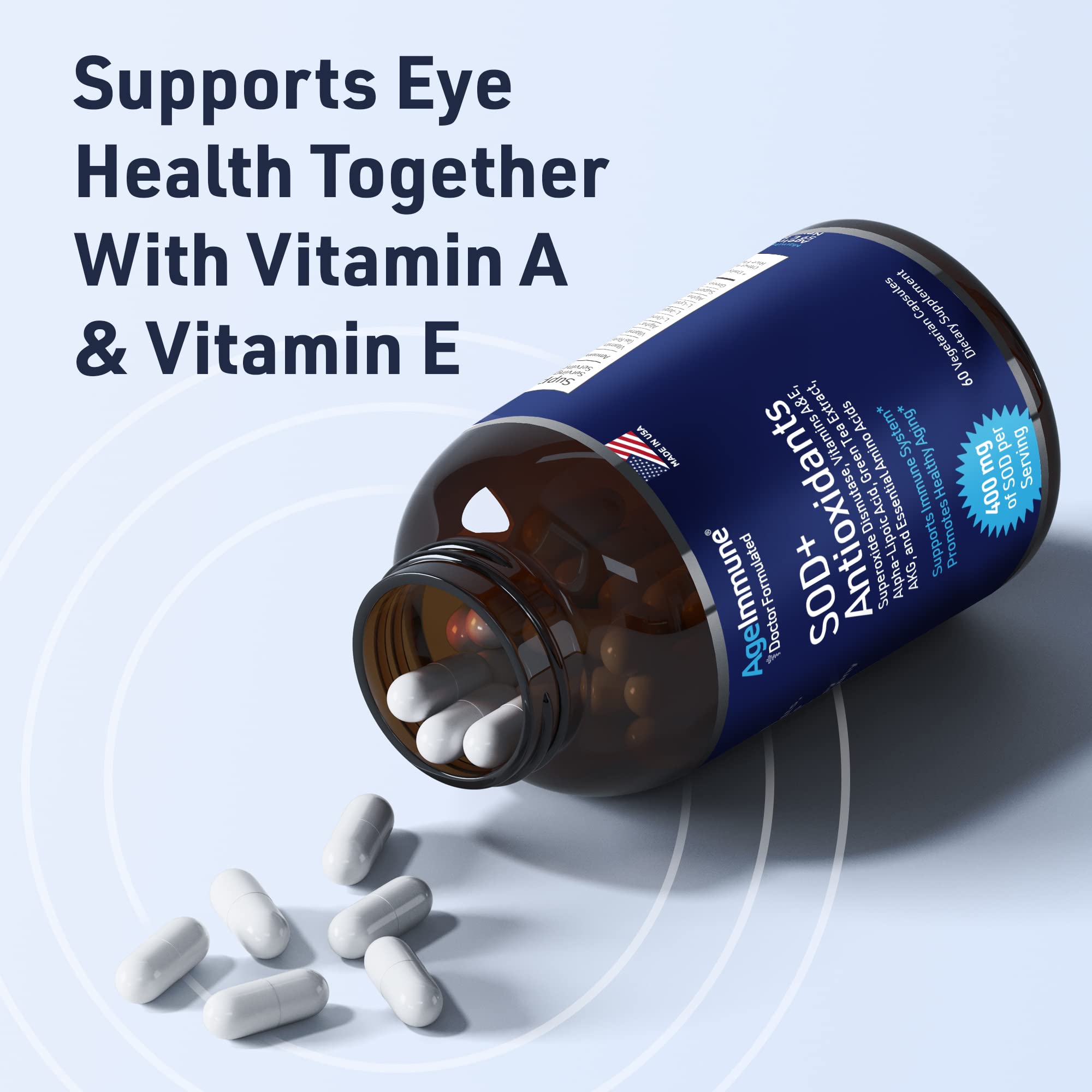 SOD Antioxidants Complex Healthy Aging Supplement - 400mg of Superoxide Dismutase - Alpha Lipoic Acid - L-Arginine -Lysine - AKG - Vitamin A - Vitamin E for Immune Support-60 Capsules - TrustMedUSA