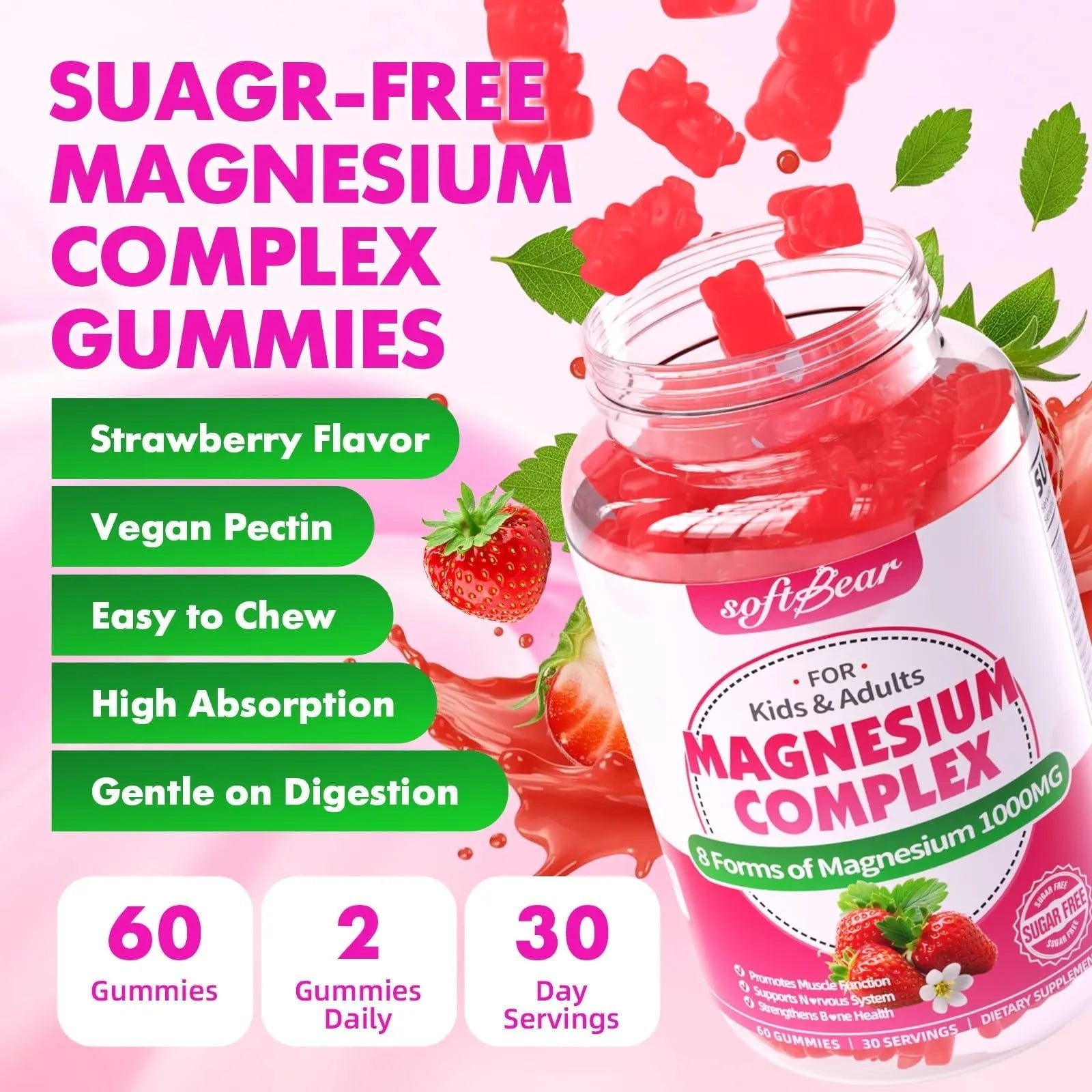 softbear Magnesium Complex Gummies for Women & Men & Kids, 8 in 1 Magnesium Complex Supplement 1000mg-Magnesium Glycinate,Citrate,Malate Supports Calm, Zzz, Muscle Cramp, Strawberry Flavor 120 Count - TrustMedUSA