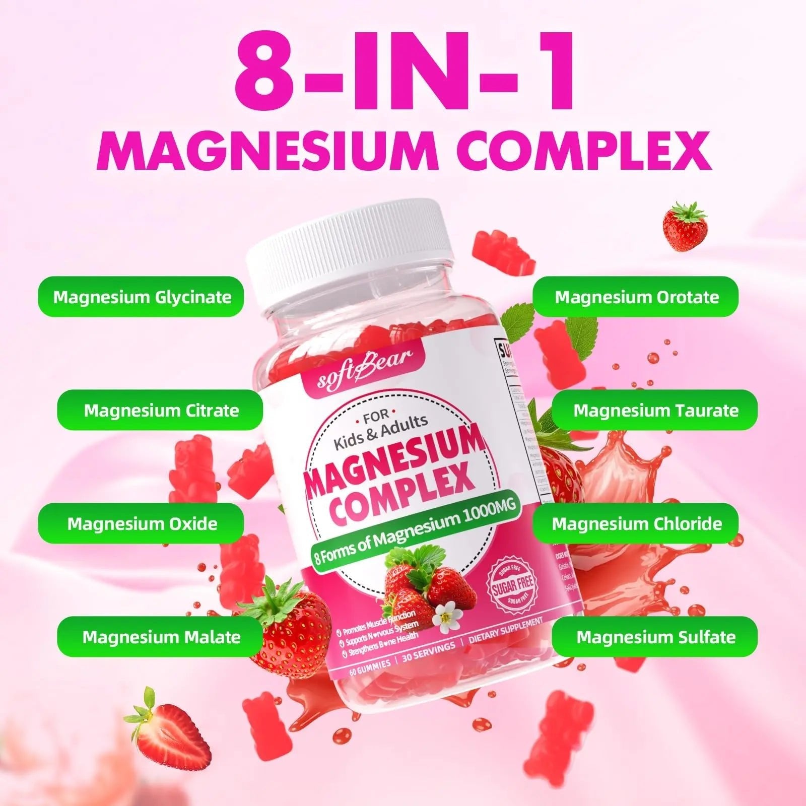softbear Magnesium Complex Gummies for Women & Men & Kids, 8 in 1 Magnesium Complex Supplement 1000mg-Magnesium Glycinate,Citrate,Malate Supports Calm, Zzz, Muscle Cramp, Strawberry Flavor 120 Count - TrustMedUSA