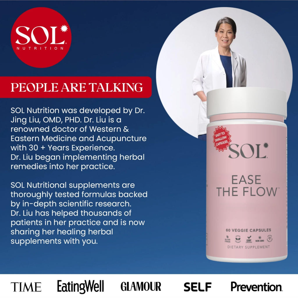 Sol Nutrition Ease the Flow - PMS Support, Menstrual Relief, PMDD Supplements, Period Relief Products, Eases Bloating & Mood Swings, Vitamins B6 & B8, 60 Easy-to-Swallow Capsules - TrustMedUSA
