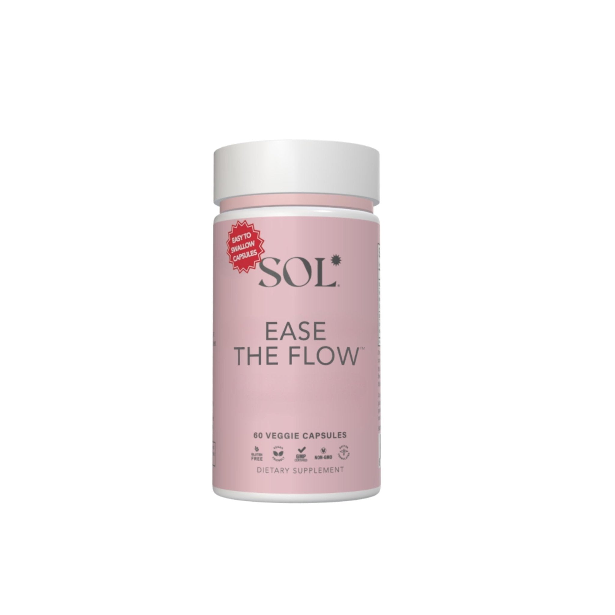 Sol Nutrition Ease the Flow - PMS Support, Menstrual Relief, PMDD Supplements, Period Relief Products, Eases Bloating & Mood Swings, Vitamins B6 & B8, 60 Easy-to-Swallow Capsules - TrustMedUSA