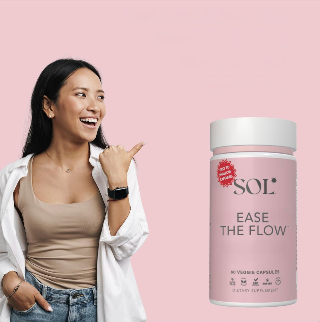 Sol Nutrition Ease the Flow - PMS Support, Menstrual Relief, PMDD Supplements, Period Relief Products, Eases Bloating & Mood Swings, Vitamins B6 & B8, 60 Easy-to-Swallow Capsules - TrustMedUSA