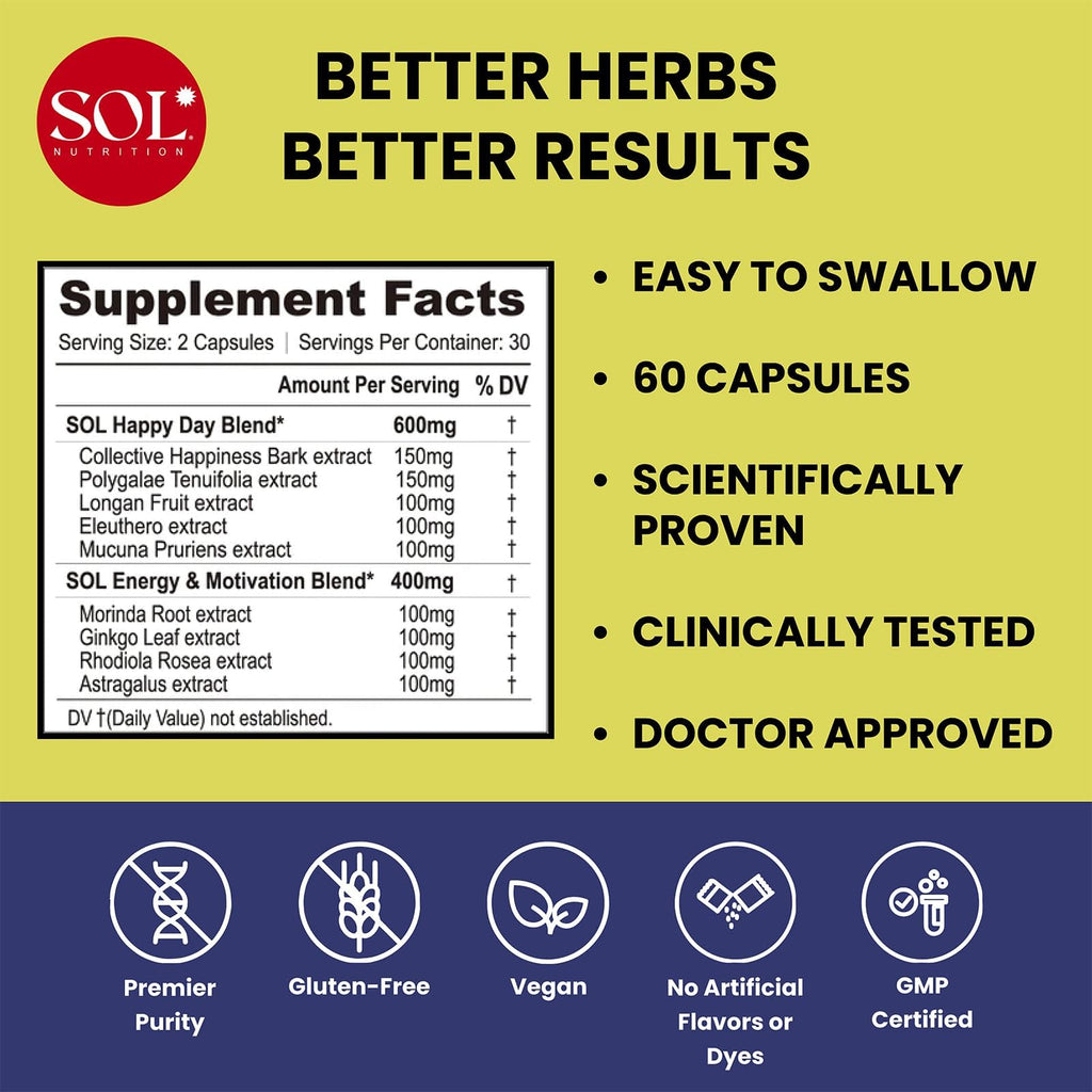 Sol Nutrition Happy Day Supplement: Combining The Natural Herbal Properties of Collective Happiness Bark, Astragalus, and Gingko Biloba to Support a Healthy Lifestyle - 60 Easy to Swallow Capsules - TrustMedUSA