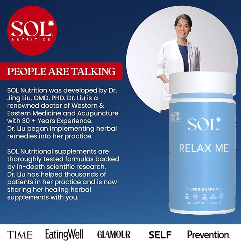 Sol Nutrition Relax Me - Natural Calming Relief for Stress, Tension, & Worry - 15x More Effective - Support Mood, Relax the Mind & Body - Supplements for Adults - Non-Drowsy - 60 Vegetarian Capsules - TrustMedUSA