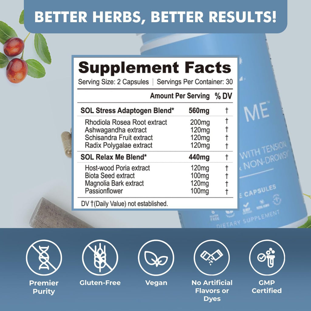 Sol Nutrition Relax Me - Natural Calming Relief for Stress, Tension, & Worry - 15x More Effective - Support Mood, Relax the Mind & Body - Supplements for Adults - Non-Drowsy - 60 Vegetarian Capsules - TrustMedUSA