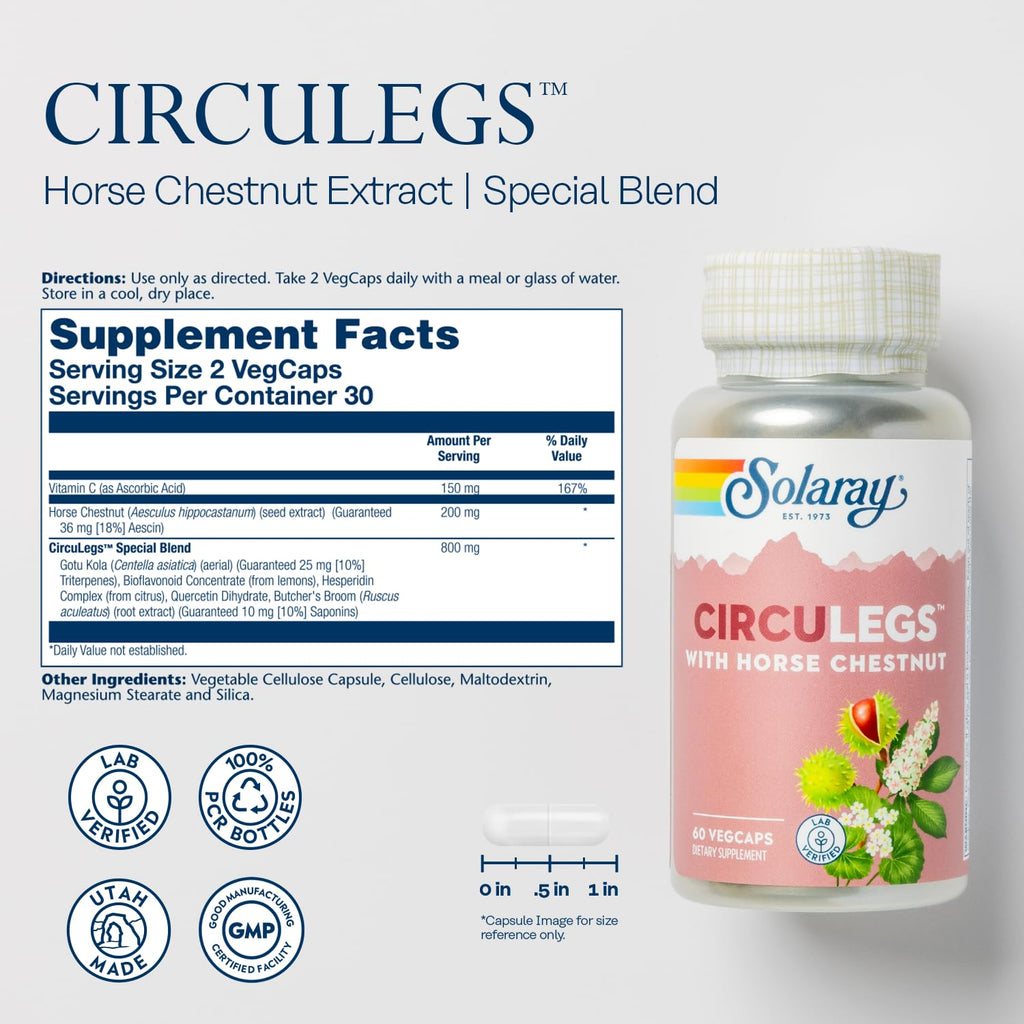 SOLARAY Circulegs - Herbal Supplements for Wellness Support w/Horse Chestnut Extract and Vitamin C, Plus Gotu Kola, Flavonoids, Hesperidin Blend - Vegan, Gluten Free, 60-Day Guarantee - 30 Servings - TrustMedUSA
