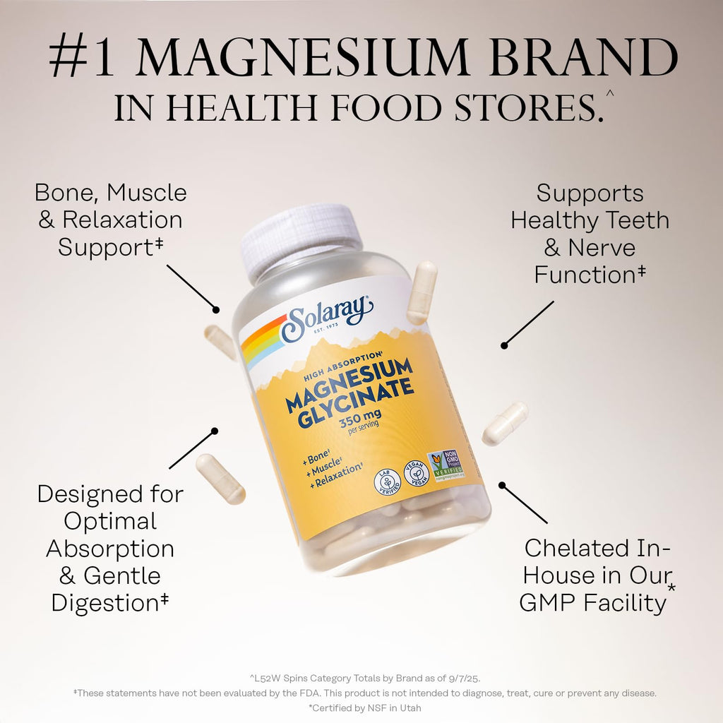 SOLARAY Magnesium Glycinate Capsules, Chelated Magnesium Bisglycinate w/BioPerine, Higher Absorption Magnesium Supplement - Bones, Muscles, - TrustMedUSA