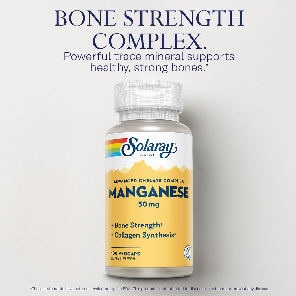 SOLARAY Manganese Supplement 50 mg - Essential Trace Minerals - Advanced Trace Mineral Supplements for Bone Strength and Bone Health Support - Lab Verified, 60-Day Guarantee, 100 Servings, 100 VegCaps - TrustMedUSA