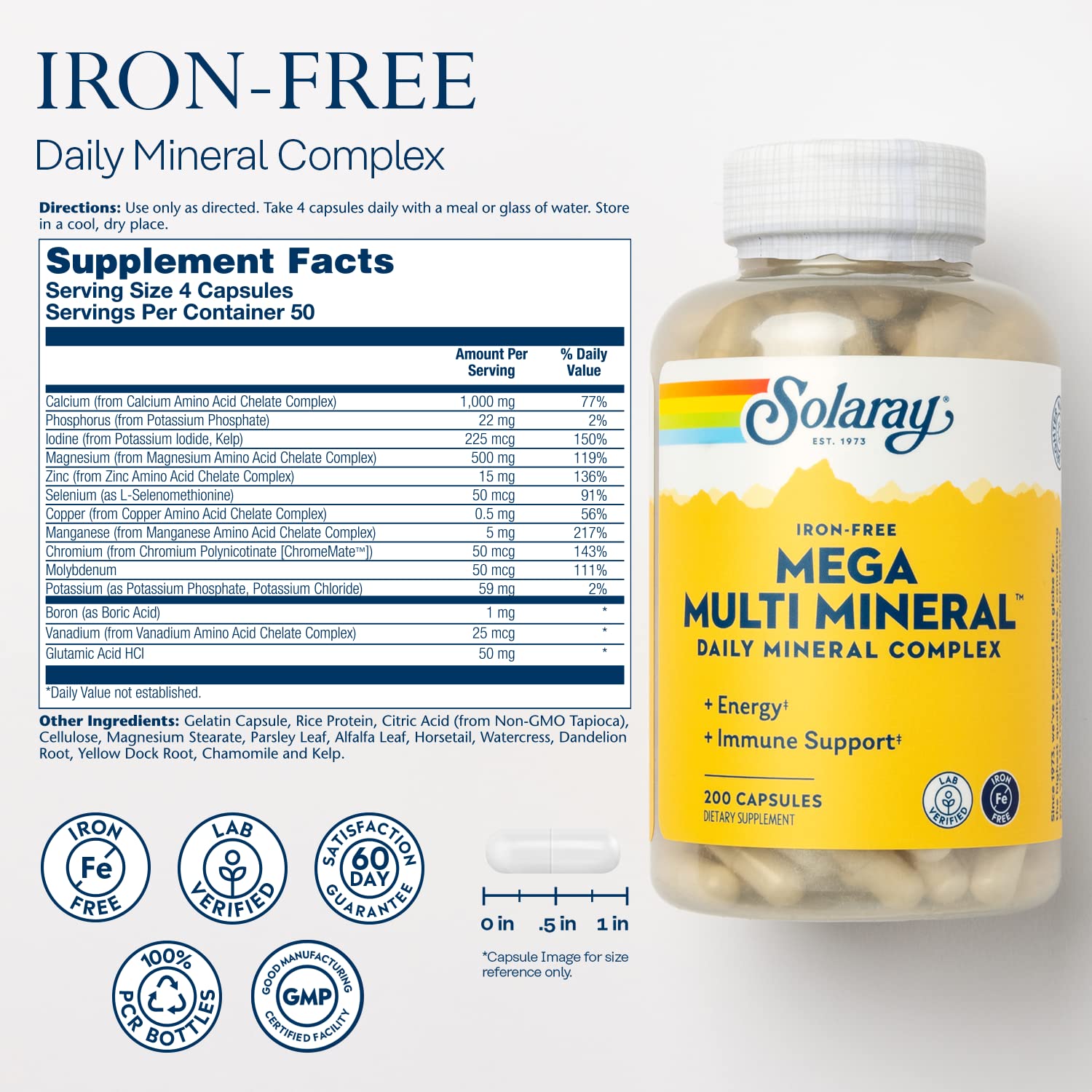 SOLARAY Mega Multi Mineral, Iron Free - Daily Mineral Supplement w/Trace Minerals, Electrolytes, Calcium, Magnesium, Zinc, Selenium, Boron -Cellular Energy, Immune Support, 60-Day Guarantee, 50 Serv - TrustMedUSA