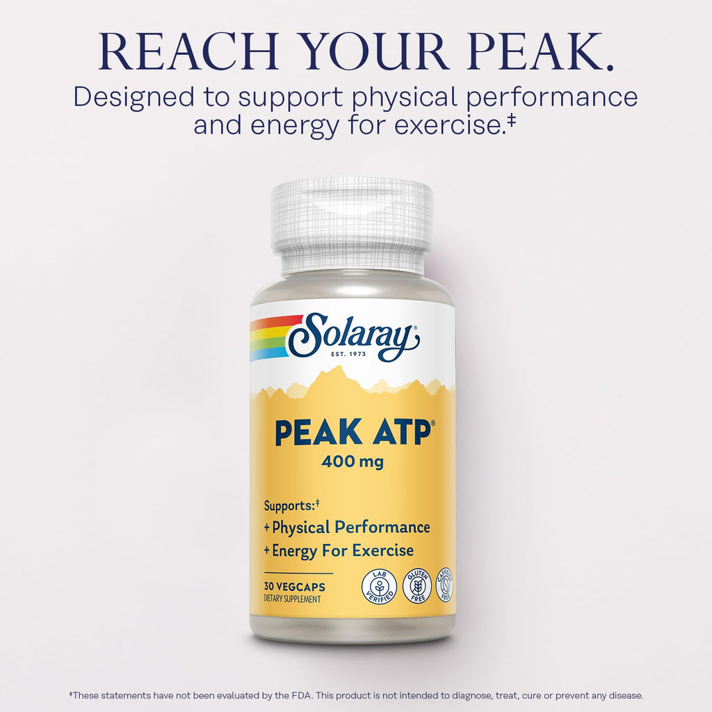 SOLARAY Peak ATP 400 mg - Physical Performance and Exercise Energy Supplements - Stim Free Pre Workout Pills - No Caffeine or Gluten - Lab Verified - 60-Day Guarantee - 30 Servings, 30 VegCaps - TrustMedUSA