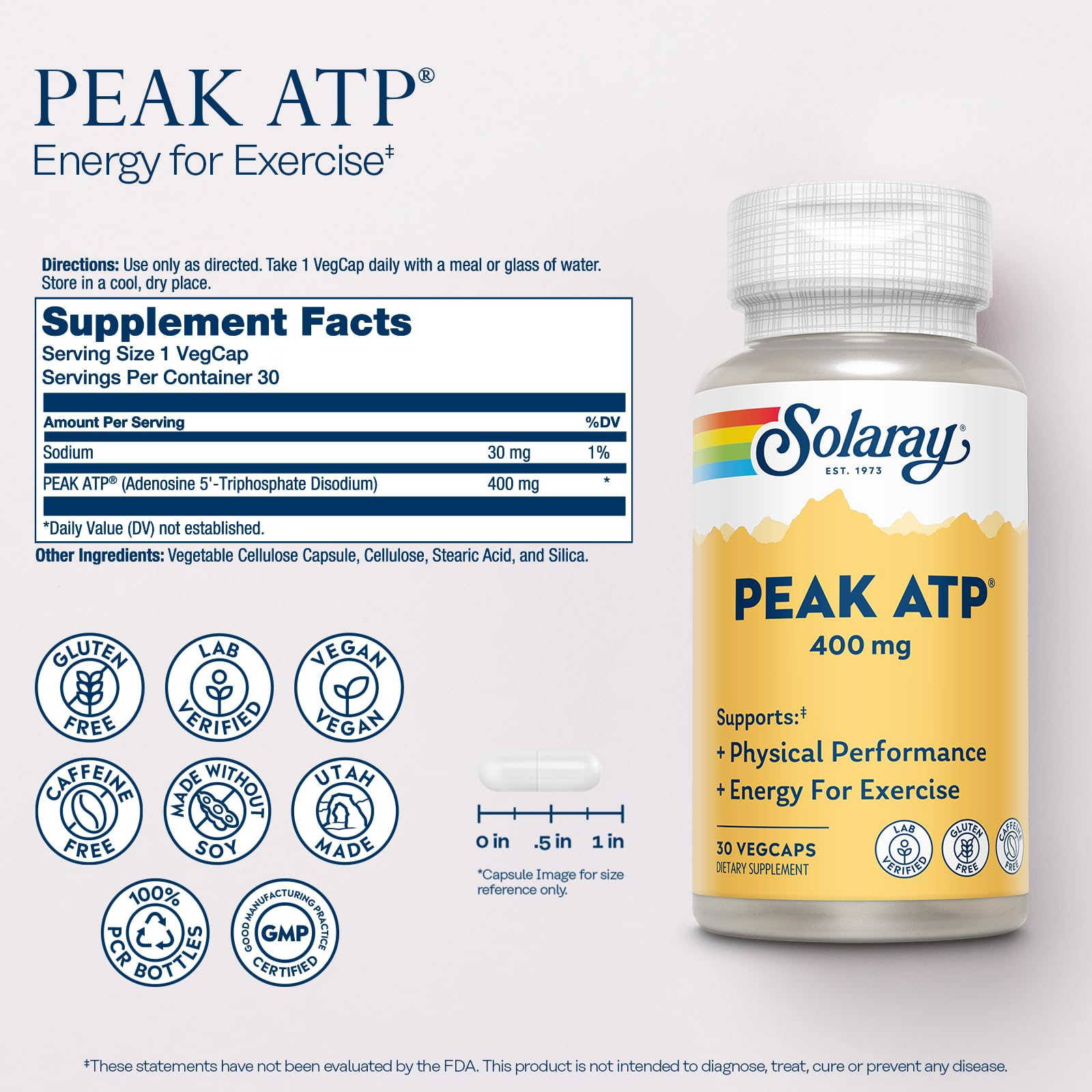 SOLARAY Peak ATP 400 mg - Physical Performance and Exercise Energy Supplements - Stim Free Pre Workout Pills - No Caffeine or Gluten - Lab Verified - 60-Day Guarantee - 30 Servings, 30 VegCaps - TrustMedUSA