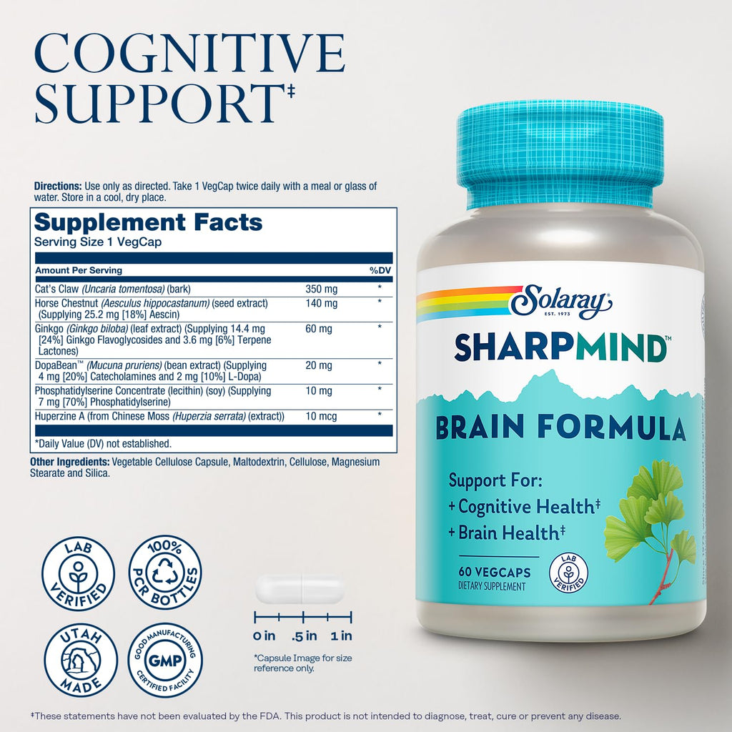 SOLARAY SharpMind Brain Support Formula - Nootropic Brain Supplements - Cognitive and Brain Health Support with Ginkgo Biloba - 60-Day Guarantee, 60 Servings, 60 VegCaps - TrustMedUSA