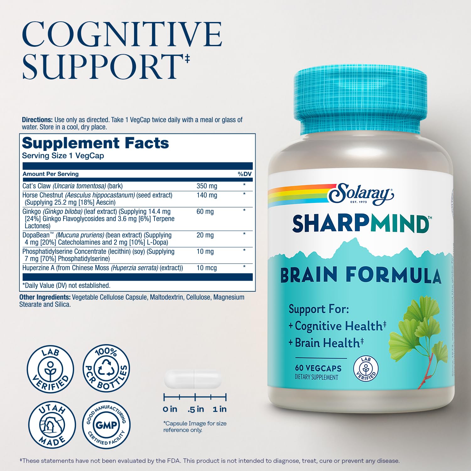 SOLARAY SharpMind Brain Support Formula - Nootropic Brain Supplements - Cognitive and Brain Health Support with Ginkgo Biloba - 60-Day Guarantee, 60 Servings, 60 VegCaps - TrustMedUSA