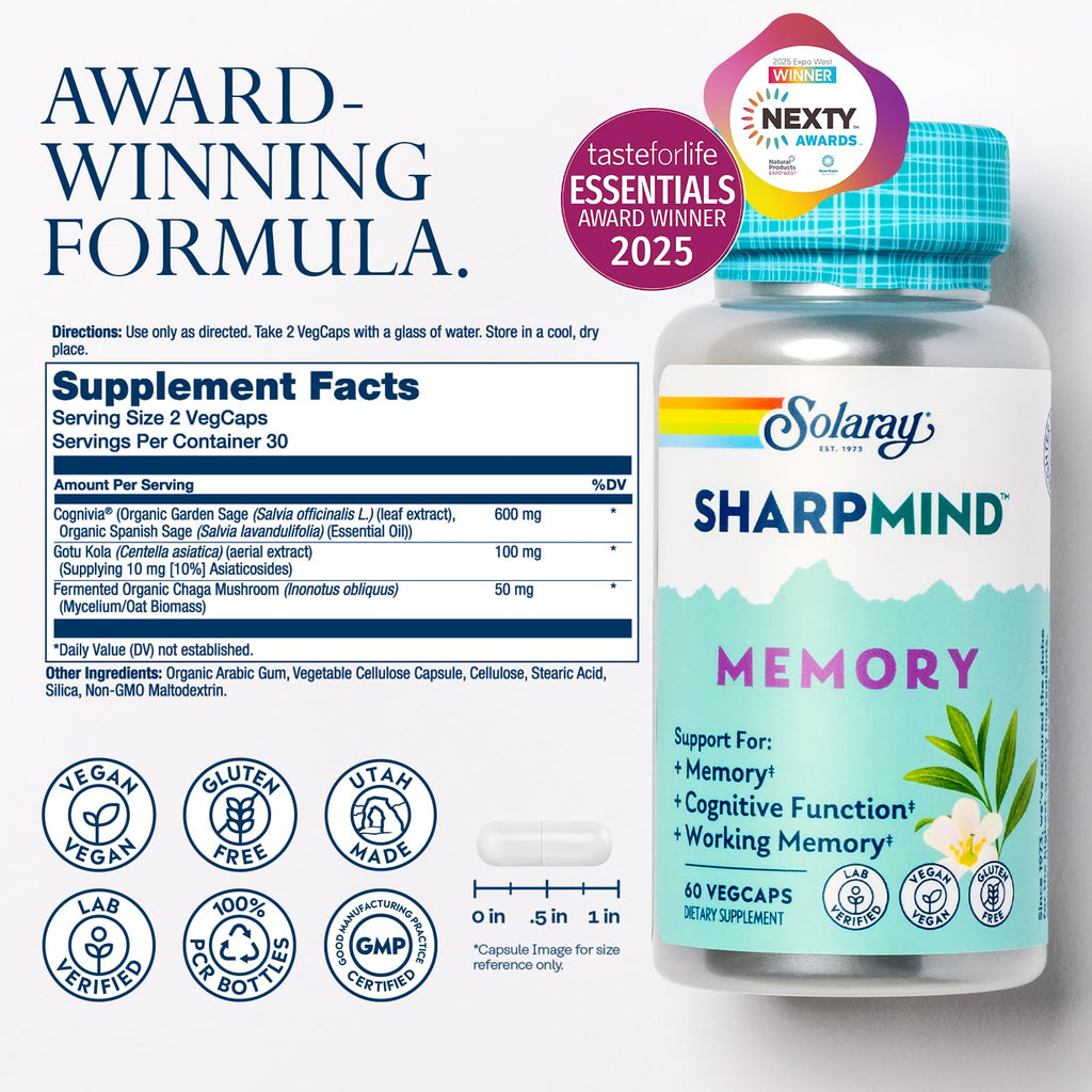 SOLARAY SharpMind Memory Formula - Brain Supplements for Memory and Focus - Cognivia, Gotu Kola & Chaga Mushroom Supplement - Ginkgo Biloba Alternative - 60-Day Guarantee - 30 Servings, 60 VegCaps - TrustMedUSA