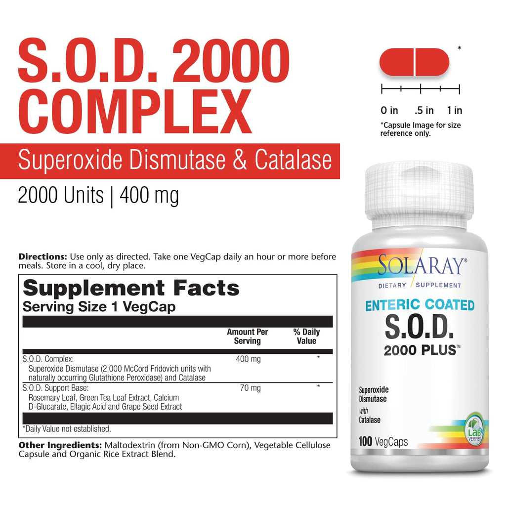 SOLARAY S.O.D. 2000 Plus - Superoxide Dismutase (SOD) and Catalase Antioxidant Supplement, Wellness Support - w/Green Tea Extract, Calcium, Rosemary, Grape Seed Extract, 60-Day Guarantee, 100 Servings - TrustMedUSA