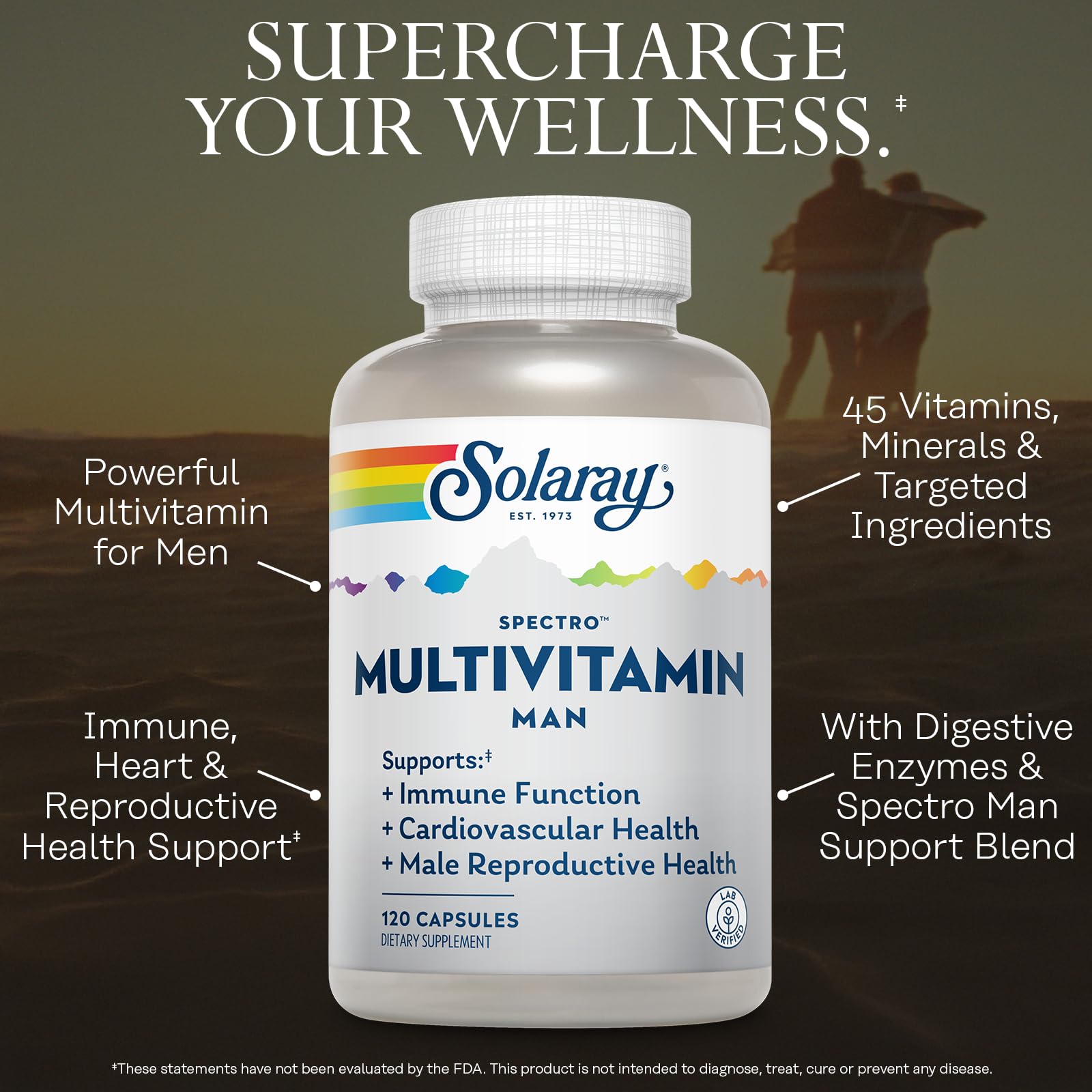 SOLARAY Spectro Multivitamin for Men - Cellular Energy, Heart Health, Immune Support - 45 Vitamins and Minerals w/Vitamin A, Vitamin C, D, Zinc, Digestive Enzymes, CoQ10, 60-Day Guarantee, 30 Serv. - TrustMedUSA