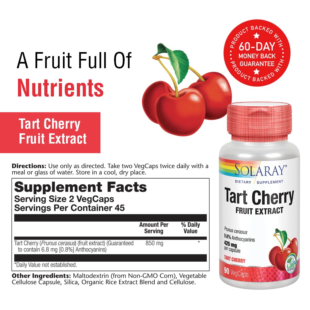 Solaray Tart Cherry Fruit Extract 850 mg - Tart Cherry Supplement with Antioxidants, Fruit Juice Extract with Flavonoids - 90 VegCaps - TrustMedUSA