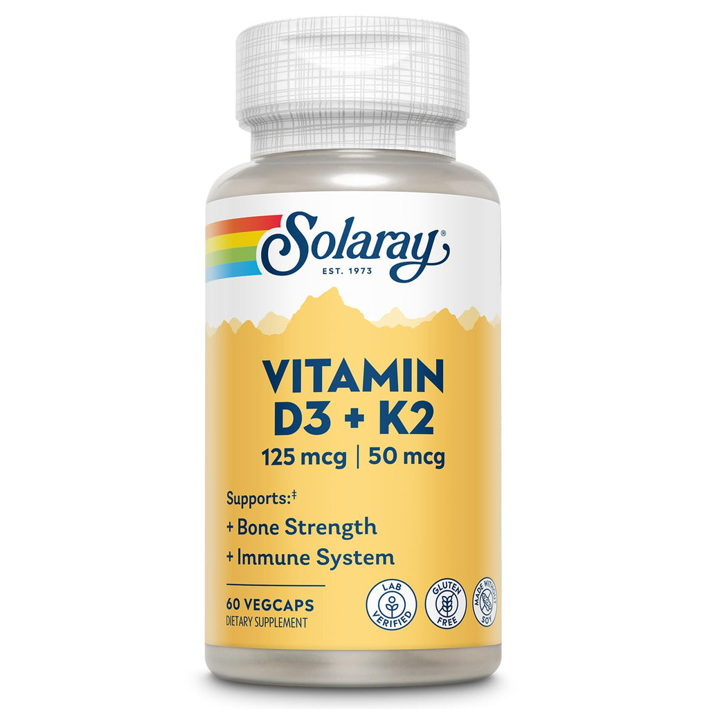 SOLARAY Vitamin D3 K2, K2 D3 Vitamin Supplement for Calcium Absorption, Bone Strength, Cardiovascular & Immune Function Support, Made Without Soy, 60-Day Guarantee, 60 Servings, 60 VegCaps - Maple Wellness Supplements