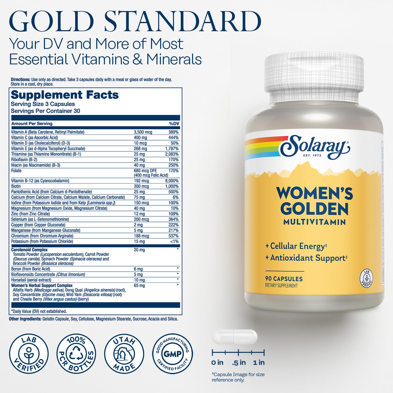 SOLARAY Women's Golden Multivitamin Supplement - Daily Wellness Vitamins for Women, Nutrient Rich, Cellular Energy Support Caps, Complex with Vitamins A, C, D, & E, Biotin, Calcium & More- 90 Capsules - TrustMedUSA