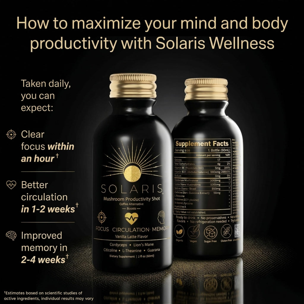 Solaris Mushroom Productivity Wellness Shots | Focus, Circulation, Memory | 4000mg of Cordyceps & Lion's Mane | Citicoline, L-Theanine, Vitamin B6/B12 | Coffee Alternative (6-Pack) - TrustMedUSA
