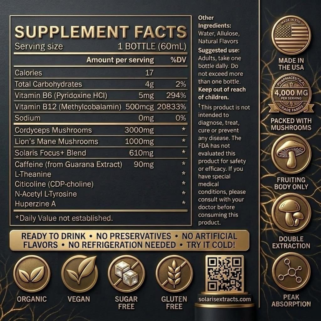 Solaris Mushroom Productivity Wellness Shots | Focus, Circulation, Memory | 4000mg of Cordyceps & Lion's Mane | Citicoline, L-Theanine, Vitamin B6/B12 | Coffee Alternative (6-Pack) - TrustMedUSA