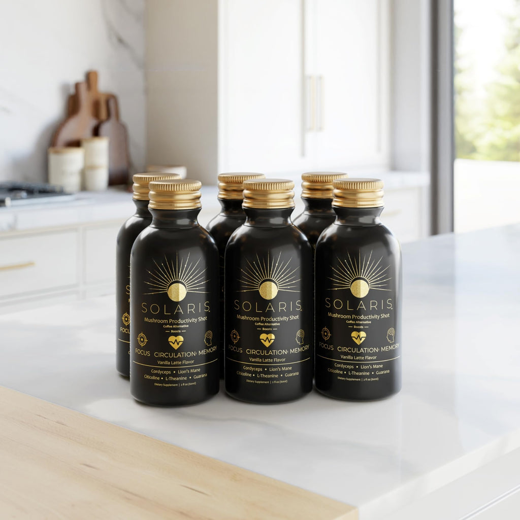 Solaris Mushroom Productivity Wellness Shots | Focus, Circulation, Memory | 4000mg of Cordyceps & Lion's Mane | Citicoline, L-Theanine, Vitamin B6/B12 | Coffee Alternative (6-Pack) - TrustMedUSA