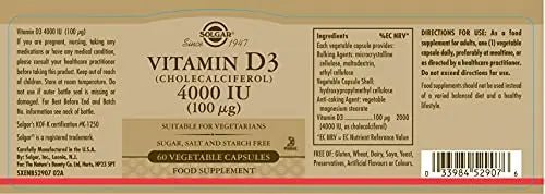 Solgar Vitamin D3 4000 IU (100 µg) Vegetable Capsules - Pack of 60 - Cholecalciferol - TrustMedUSA