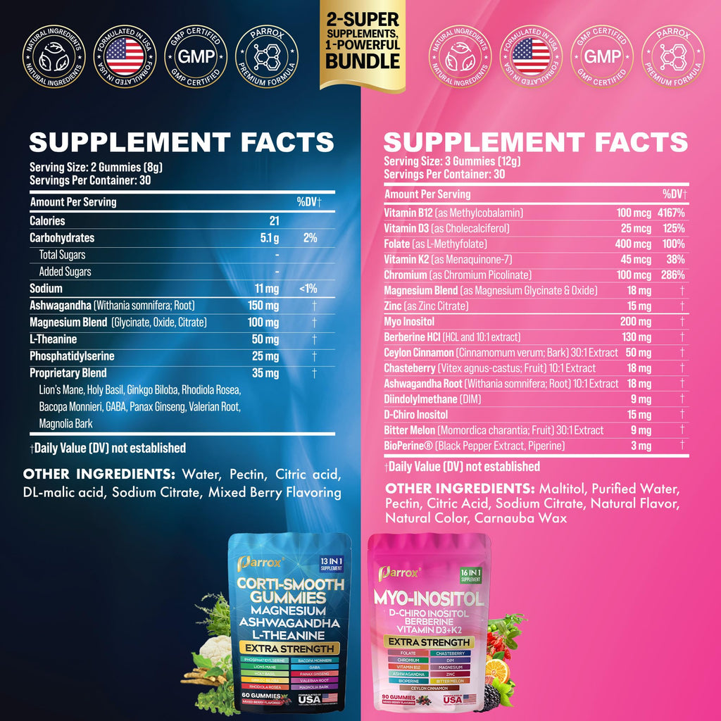 Soothe & Smooth Bundle Gummies - Cortisol & Myo-Inositol Supplement with D-Chiro Inositol, Berberine, Magenesium, Ashwagandha, L-Theanine, Vitamins D3+K2 & B12, Folate, Zinc Lion's Mane (150 Gummies) - TrustMedUSA