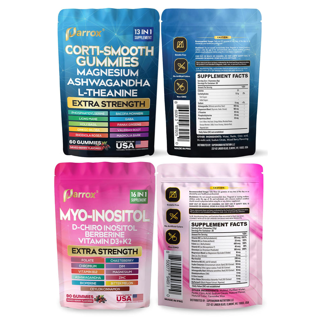 Soothe & Smooth Bundle Gummies - Cortisol & Myo-Inositol Supplement with D-Chiro Inositol, Berberine, Magenesium, Ashwagandha, L-Theanine, Vitamins D3+K2 & B12, Folate, Zinc Lion's Mane (150 Gummies) - TrustMedUSA