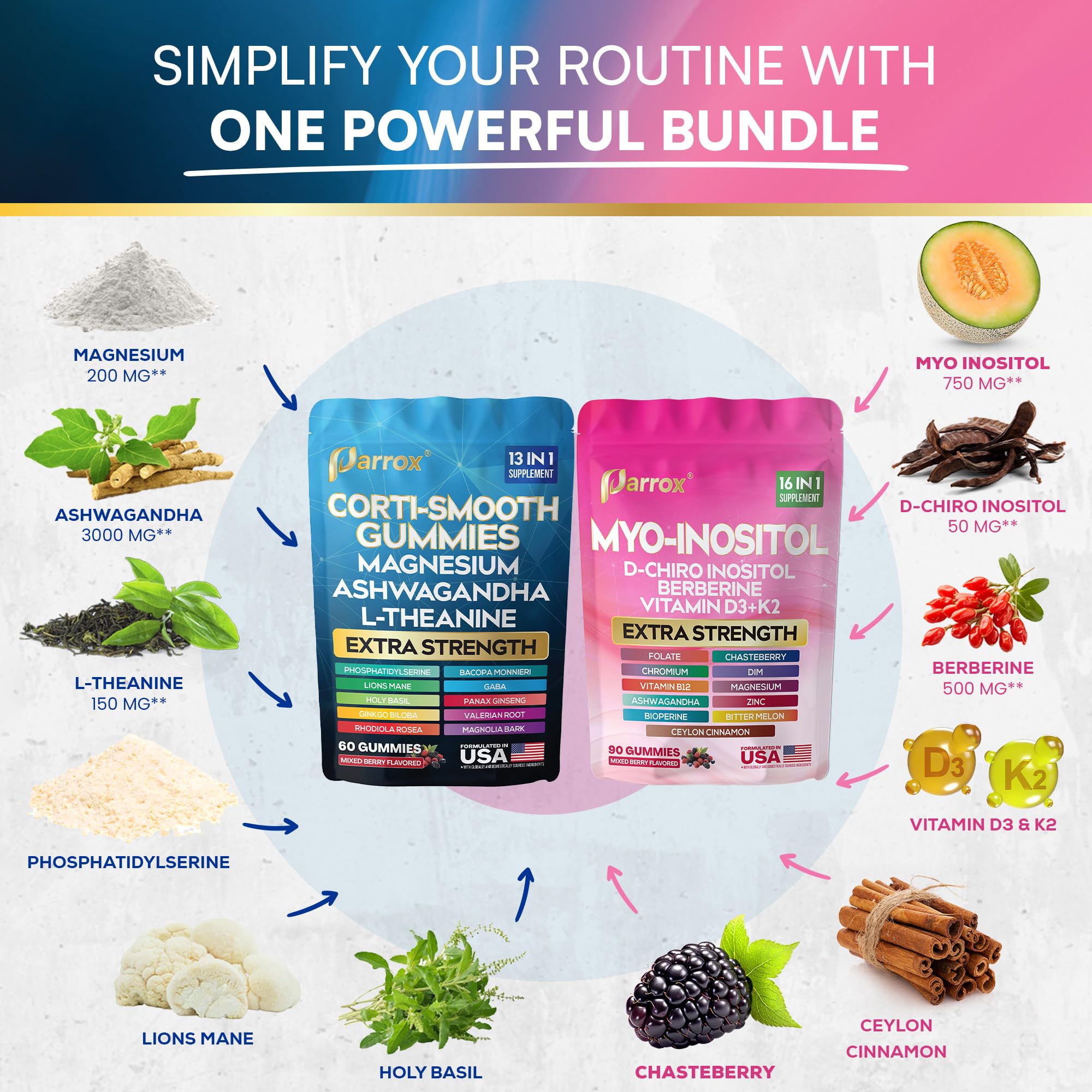 Soothe & Smooth Bundle Gummies - Cortisol & Myo-Inositol Supplement with D-Chiro Inositol, Berberine, Magenesium, Ashwagandha, L-Theanine, Vitamins D3+K2 & B12, Folate, Zinc Lion's Mane (150 Gummies) - TrustMedUSA