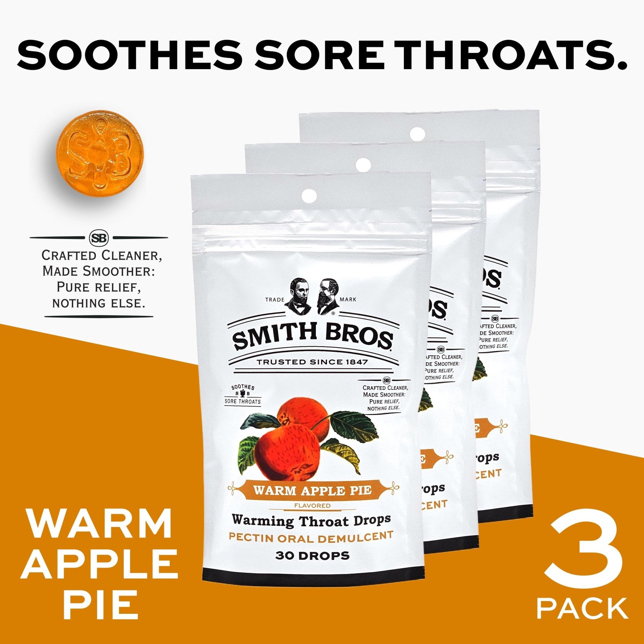Sore Throat Lozenges with Pectin by Smith Brothers (Warming Apple Pie, 90 Count): Vintage Candy Throat Drops - The Original American Cough Drop - Maple Wellness Supplements