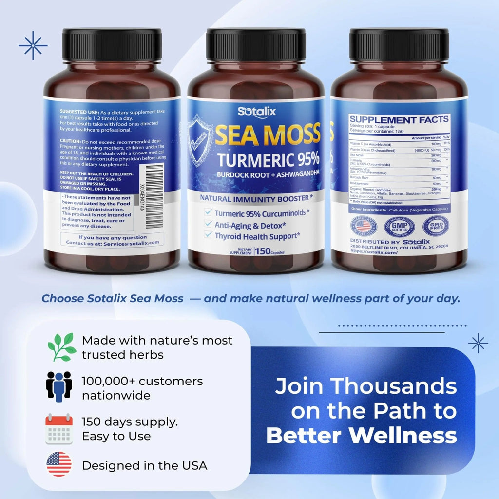 Sotalix Sea Moss Capsule with Ashwagandha, Burdock Root, Bladderwrack, Turmeric - Powerful Natural Immunity Booster (150 Count (Pack of 1)) - TrustMedUSA