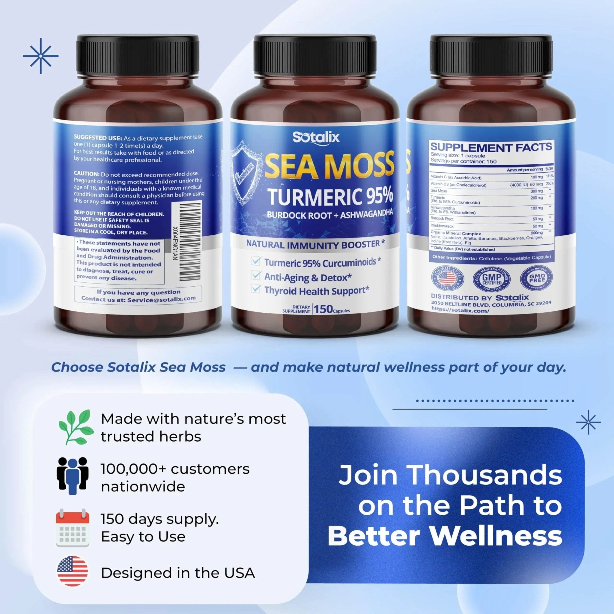 Sotalix Sea Moss Capsule with Ashwagandha, Burdock Root, Bladderwrack, Turmeric - Powerful Natural Immunity Booster (150 Count (Pack of 1)) - TrustMedUSA