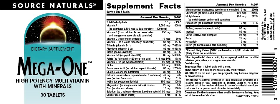 Source Naturals Mega-One Multi-Vitamin with Minerals* - 30 Tablets - TrustMedUSA