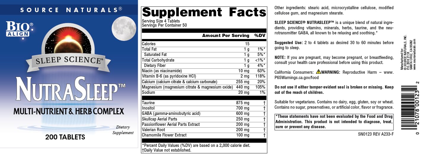 Source Naturals NutraSleep, Melatonin-Free Multi-Nutrient & Herb Complex, Vegetarian Formula for Relaxation Support - 200 Tablets - TrustMedUSA
