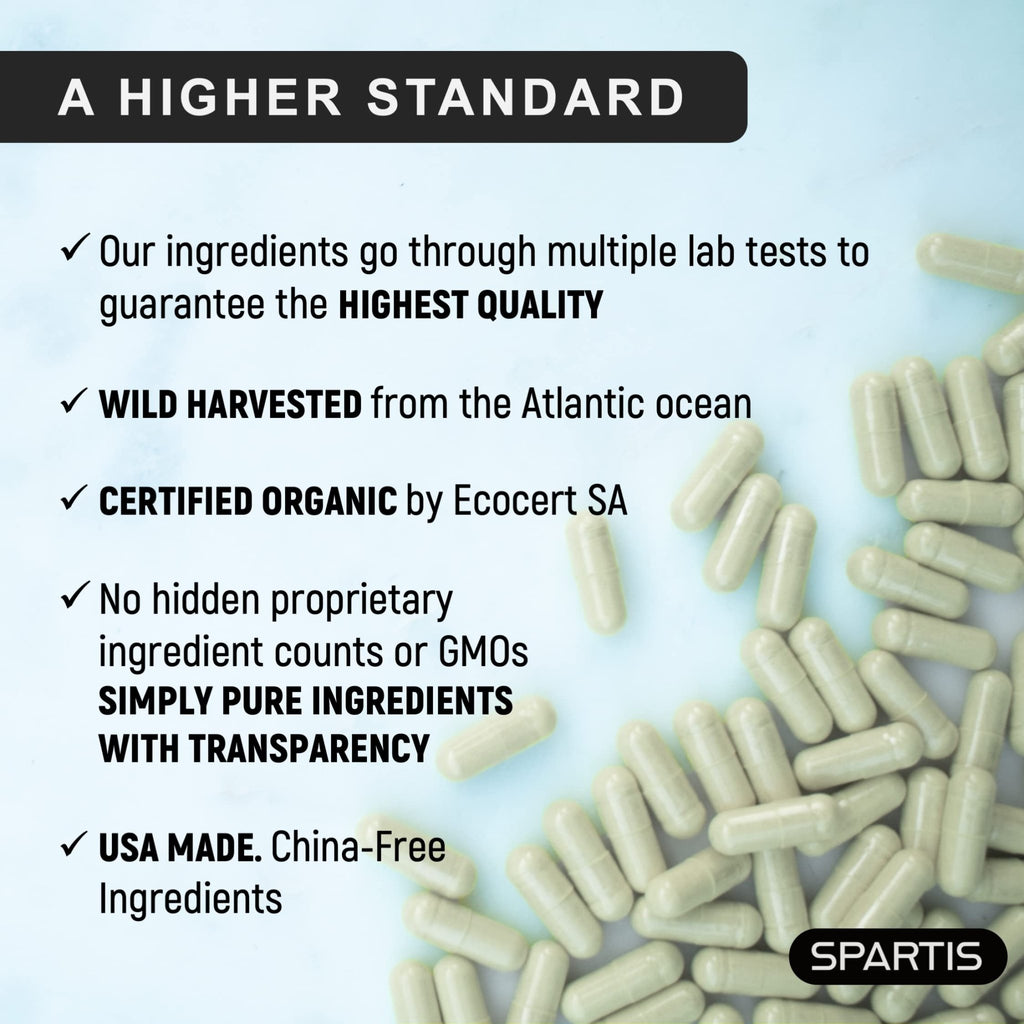 SPARTIS Certified Organic Sea Moss Capsules 2250mg Wildcrafted Irish Sea Moss Burdock Root Bladderwrack Supplement Raw Seamoss Pills & Powder (Pack of 1 at 180-Caps) - TrustMedUSA