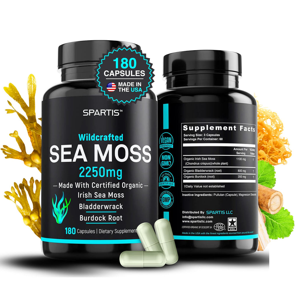 SPARTIS Certified Organic Sea Moss Capsules 2250mg Wildcrafted Irish Sea Moss Burdock Root Bladderwrack Supplement Raw Seamoss Pills & Powder (Pack of 1 at 180-Caps) - TrustMedUSA