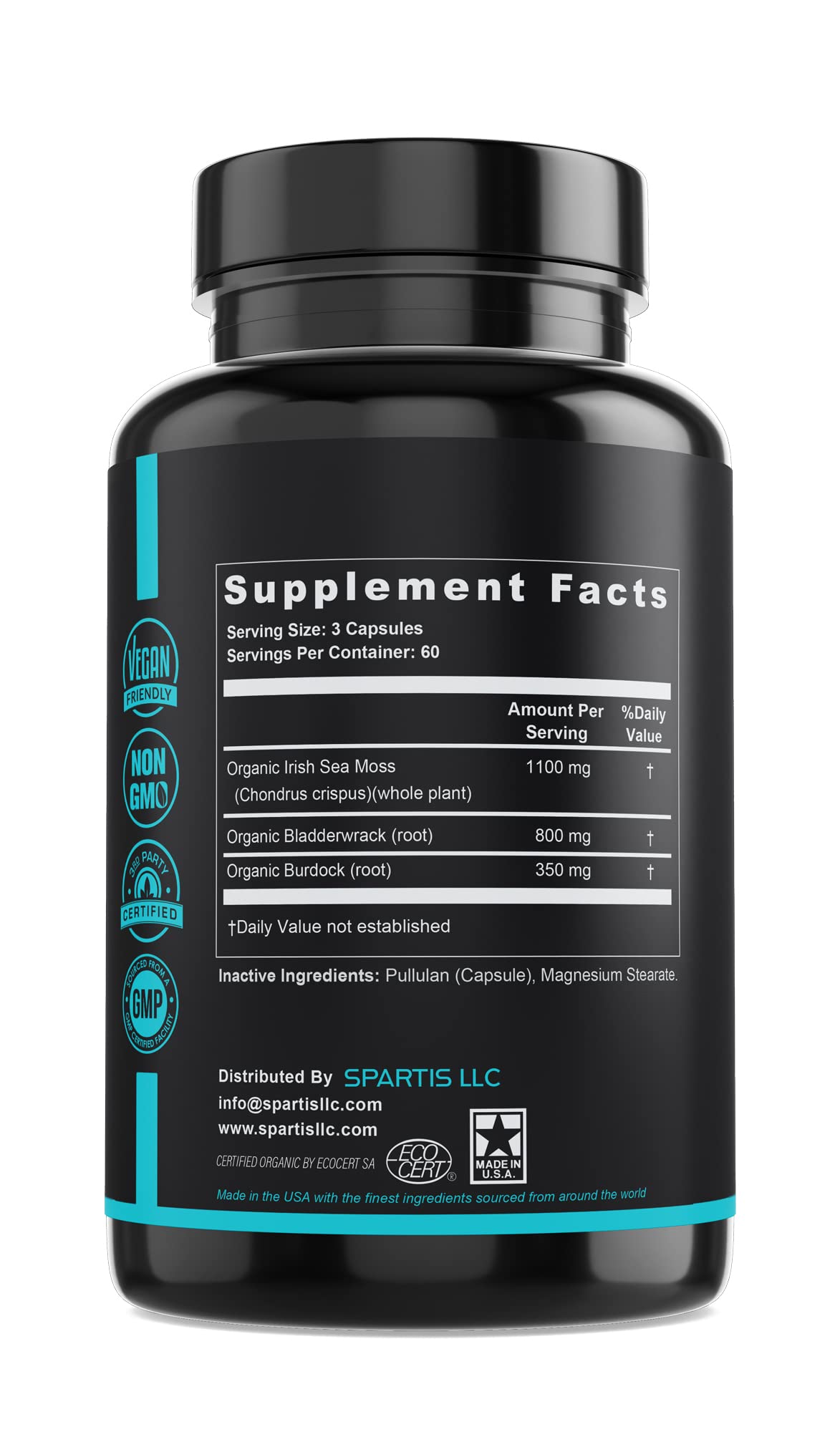 SPARTIS Certified Organic Sea Moss Capsules 2250mg Wildcrafted Irish Sea Moss Burdock Root Bladderwrack Supplement Raw Seamoss Pills & Powder (Pack of 1 at 180-Caps) - TrustMedUSA
