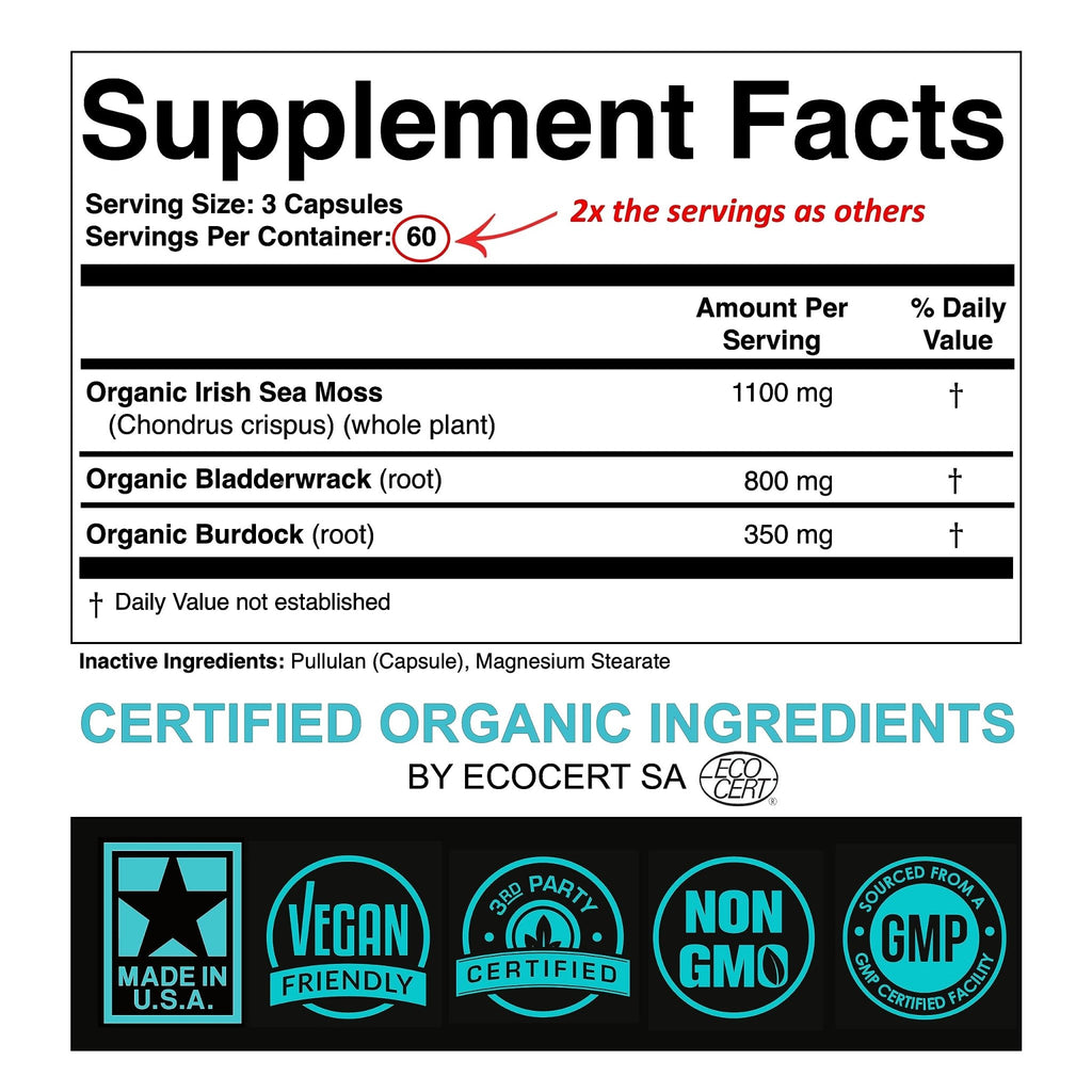 SPARTIS Certified Organic Sea Moss Capsules 2250mg Wildcrafted Irish Sea Moss Burdock Root Bladderwrack Supplement Raw Seamoss Pills & Powder (Pack of 1 at 180-Caps) - TrustMedUSA