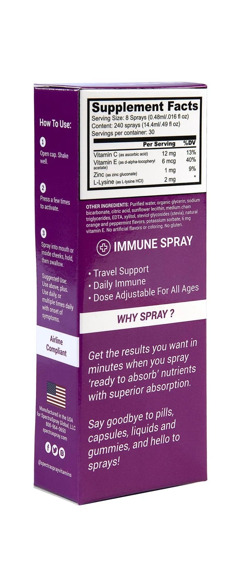 Spectraspray Immune Support Vitamin Spray - Vitamins C, E, Zinc and L-Lysine, 30 Day Supply per Spray - TrustMedUSA