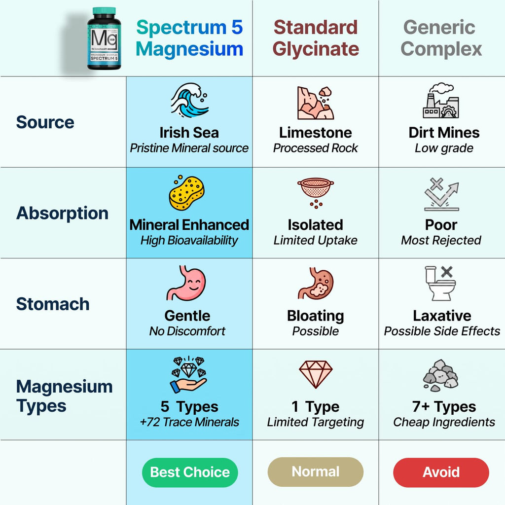 Spectrum 5 Magnesium Complex for Women & Men | Patented Aqua-Ionic® 5X Absorption Technology | 500mg Glycinate, Citrate, Malate + 72 Trace Minerals | Deep Sleep, Leg Cramp Relief & Calm | Non-Laxative - TrustMedUSA