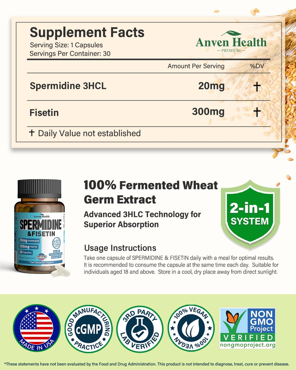 Spermidine & Fisetin Supplement - 20mg of 99% Spermidine Per Serving, 3HCL & 300mg Fisetin for Women Men Cell Renewal, Aging Defense & Longevity, Gluten Free, Non-GMO, Made in USA | 30 Veggie Caps - TrustMedUSA