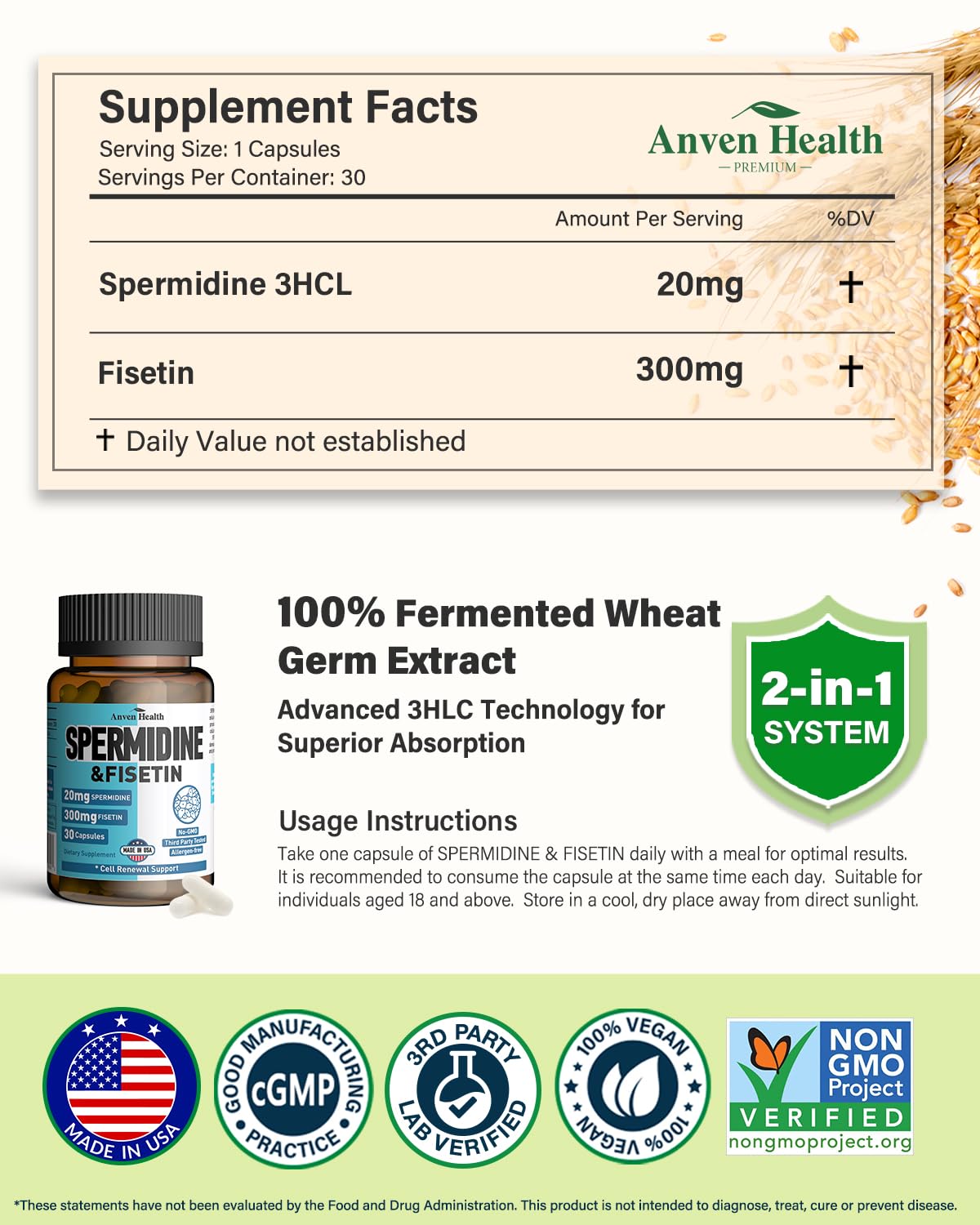 Spermidine & Fisetin Supplement - 20mg of 99% Spermidine Per Serving, 3HCL & 300mg Fisetin for Women Men Cell Renewal, Aging Defense & Longevity, Gluten Free, Non-GMO, Made in USA | 30 Veggie Caps - TrustMedUSA