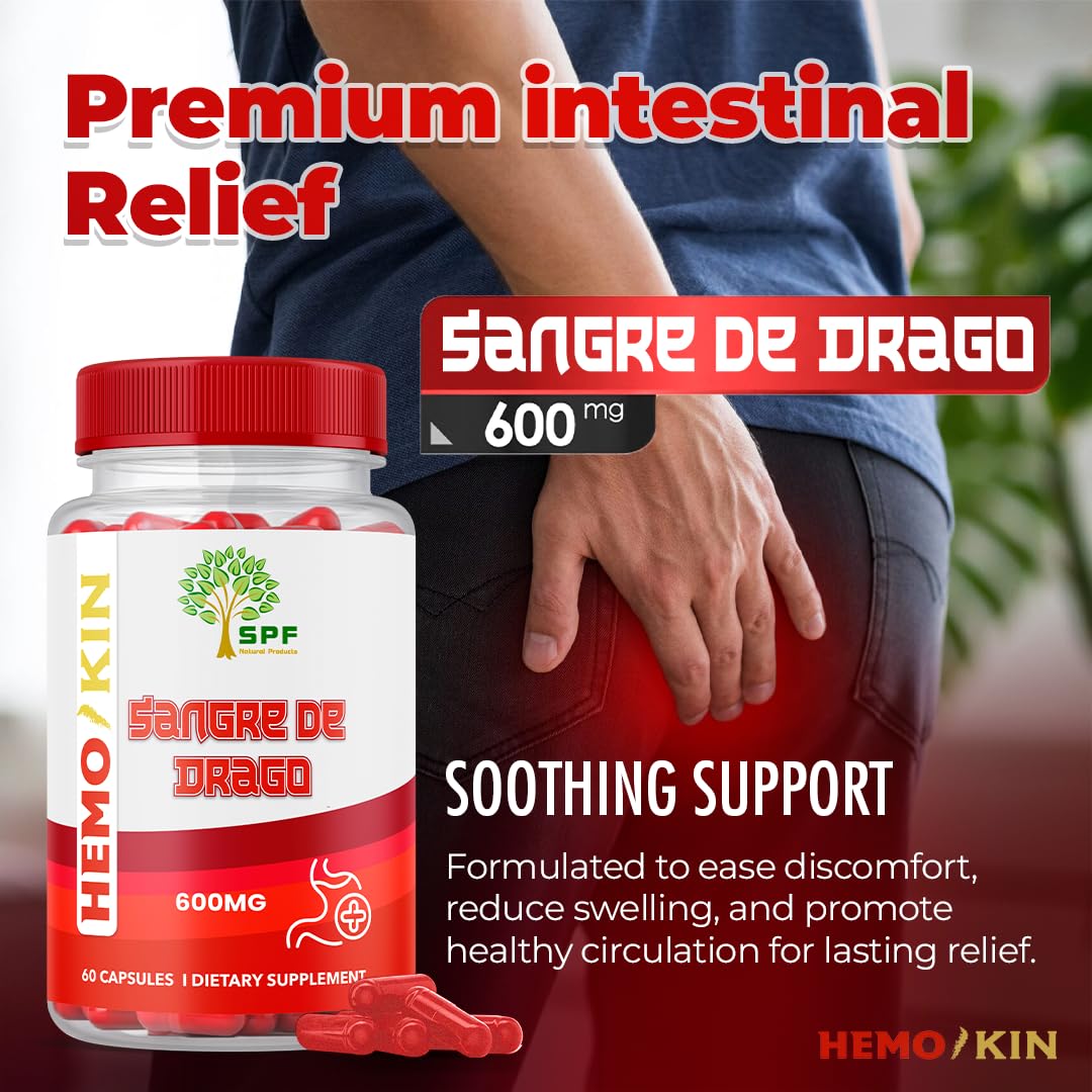 SPF Natural Products HEMOKIN with Sangre de Drago – Hemorrhoid and Fissure Relief Supplement, Helps with Itching, Swelling, Pain Relief (60 Caps) (1) - TrustMedUSA