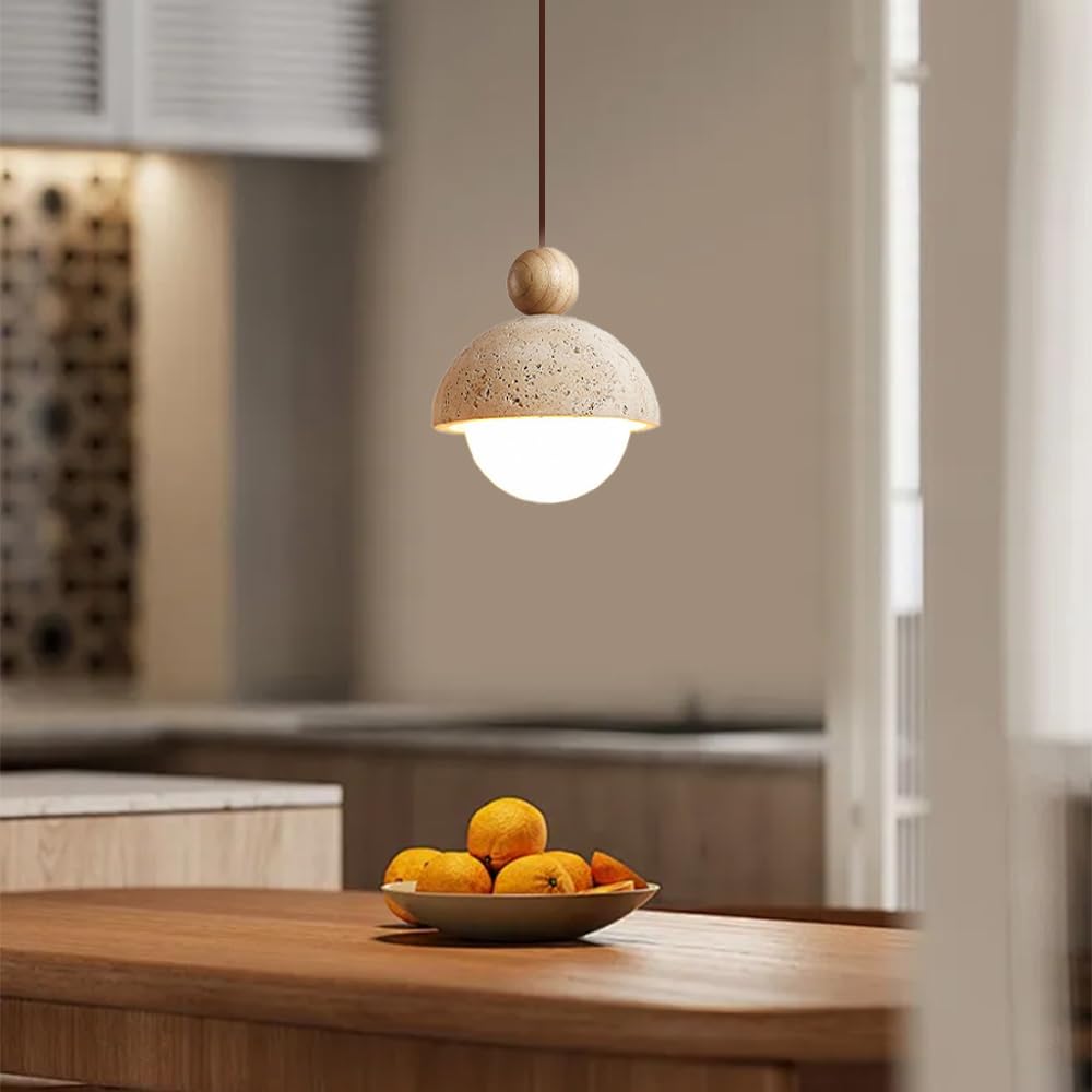 Spherical Wabi Sabi Pendant Light Natural Stone Retro Japanese Style Yellow Travertine Pendant Lighting Vintage Mini Wood Nordic Hanging Light for Kitchen Island Dining Room Bedroom Hallway Bedside - TrustMedUSA