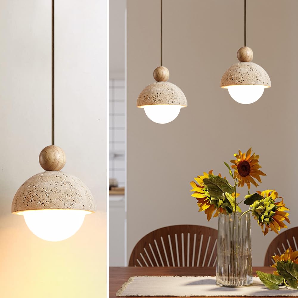 Spherical Wabi Sabi Pendant Light Natural Stone Retro Japanese Style Yellow Travertine Pendant Lighting Vintage Mini Wood Nordic Hanging Light for Kitchen Island Dining Room Bedroom Hallway Bedside - TrustMedUSA