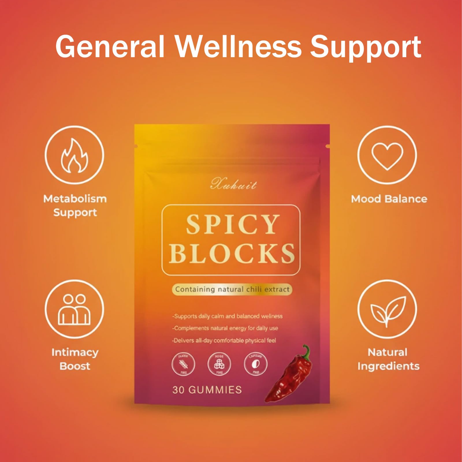 Spicy Blocks for Couples-with Chili Pepper , Maca Root & Epimedium Extract | Supports Emotional Warmth & Daily Comfort | Peach Flavor, Mild Spicy Kick, Vegan-Friendly, No Artificial Additives (1) - TrustMedUSA