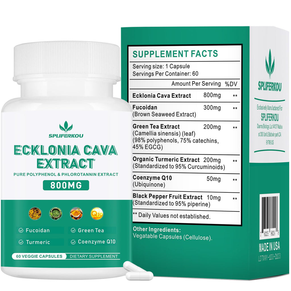 Spliferikou Ecklonia Cava Extract, 800mg, 60 Veggie Capsules with Fucoidan, Green Tea, Turmeric, CoQ10, Dietary Supplement - TrustMedUSA